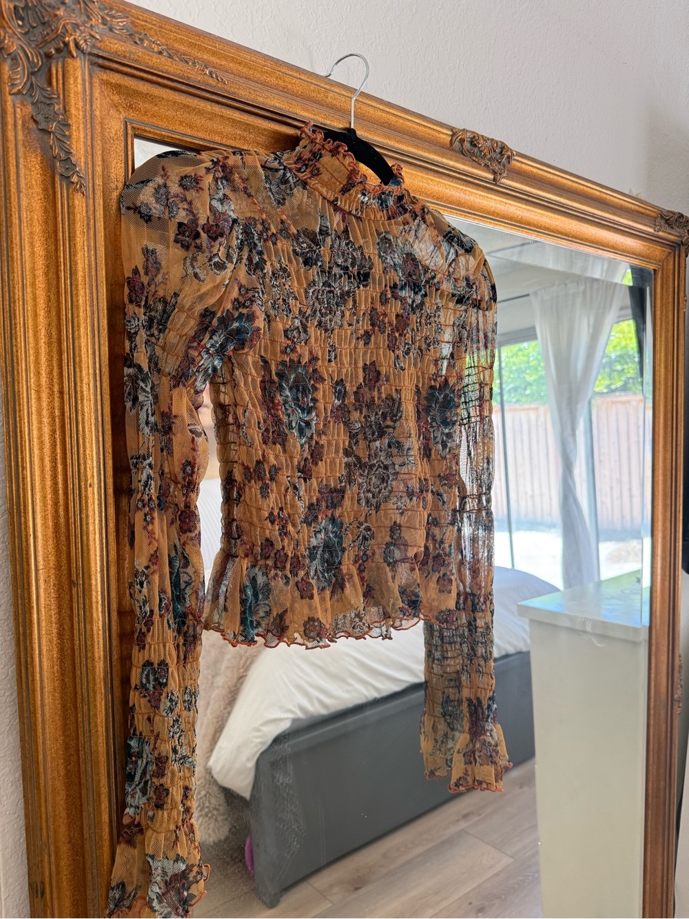 Free People Mustard Floral Sheer Smocked Long-Sleeve Top - Picture 2 of 5